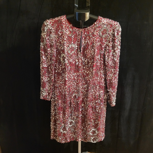 Sequined and Beaded Embellished Burgundy Minidress by Scala - Picture 4 of 11